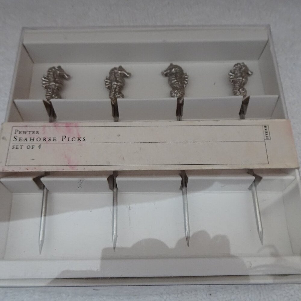 Set of 4 Pewter Party Picks Skewers Seahorse Snack Appetizer Hor D Oeuvre Cheese - Picture 1 of 9